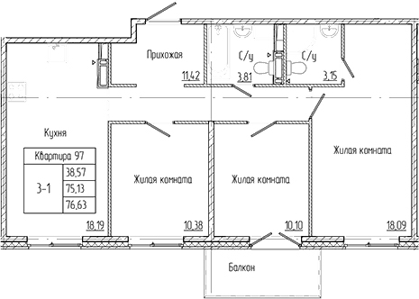 Планировка: 4Е-к.кв · 76,64 м²