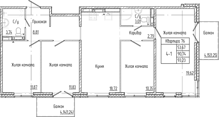 Планировка: 5Е-к.кв · 93,23 м²