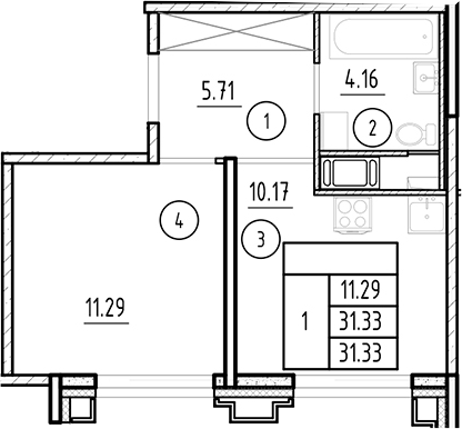Планировка: 1 комната · 31,33 м²