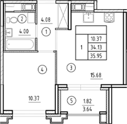Планировка: 2Е-к.кв · 35,95 м²