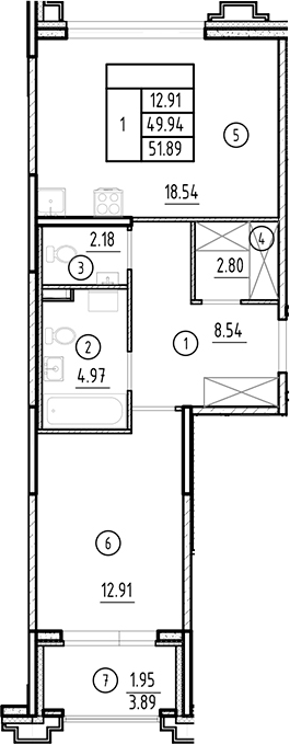 Планировка: 2Е-к.кв · 51,89 м²