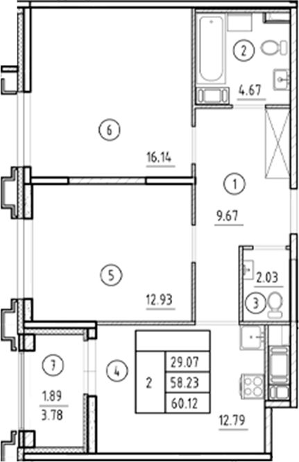 Планировка: 2 комнаты · 60,12 м²