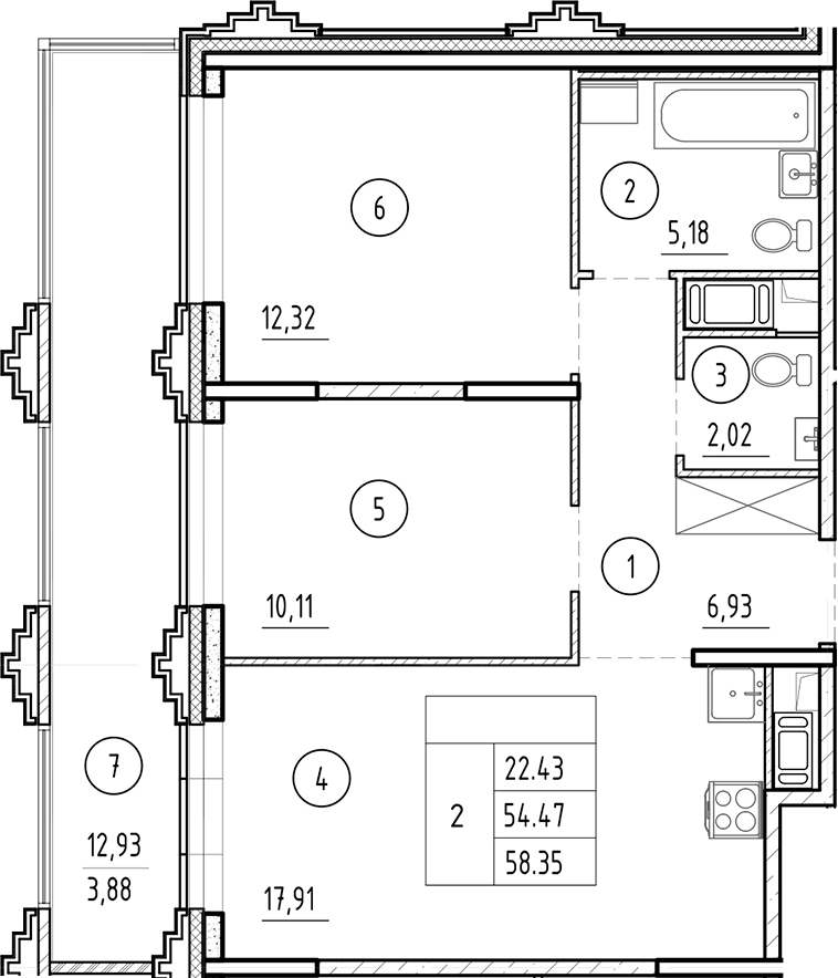 Планировка: 3Е-к.кв · 58,35 м²