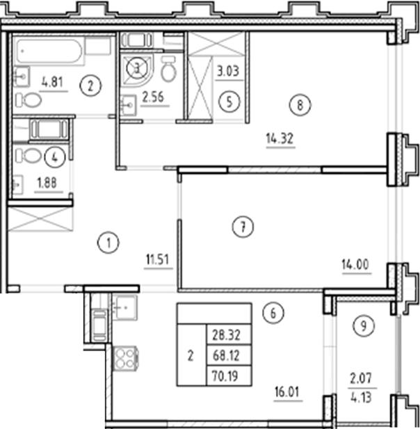 Планировка: 3Е-к.кв · 70,19 м²