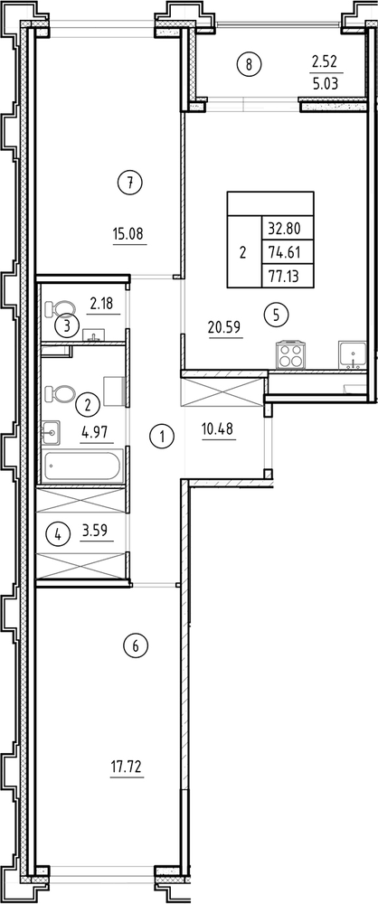 Планировка: 3Е-к.кв · 77,13 м²