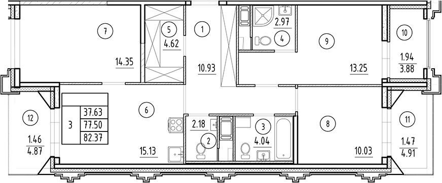 Планировка: 4Е-к.кв · 82,37 м²