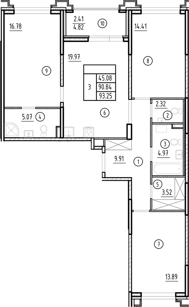 Планировка: 4Е-к.кв · 93,25 м²