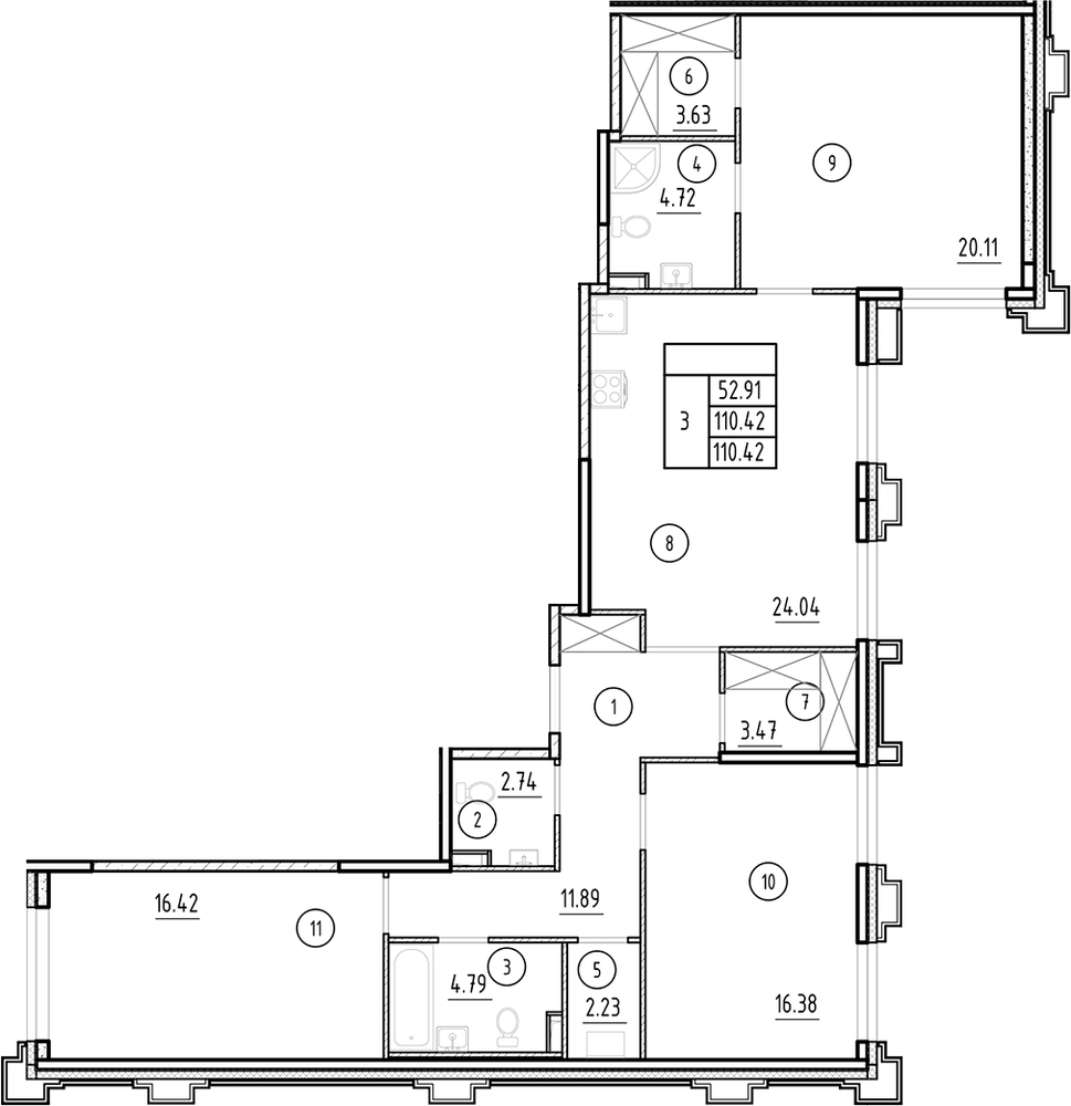 Планировка: 4Е-к.кв · 110,42 м²