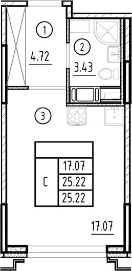 Планировка: Студия · 25,22 м²