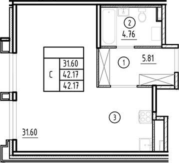 Планировка: Студия · 42,17 м²