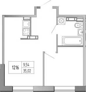 Планировка: 1 комната · 35,02 м²