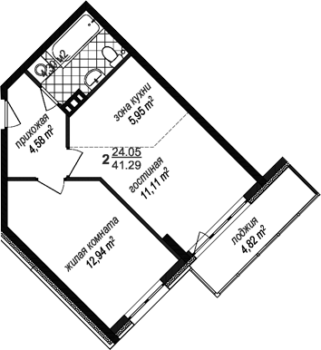 Планировка: 2Е-к.кв · 41,29 м²