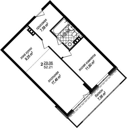 Планировка: 2Е-к.кв · 52,21 м²