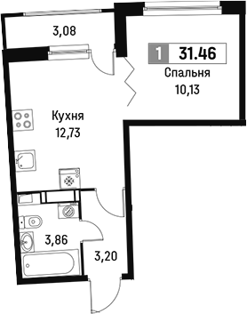 Планировка: 1 комната · 31,46 м²