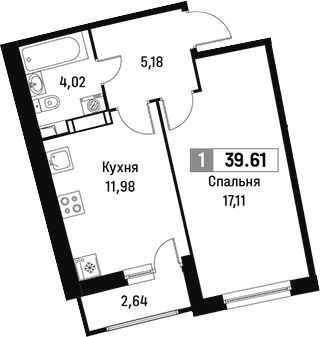 Планировка: 1 комната · 39,61 м²