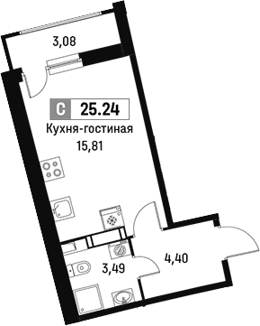 Планировка: Студия · 25,24 м²
