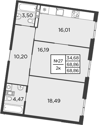 Планировка: 2 комнаты · 68,86 м²