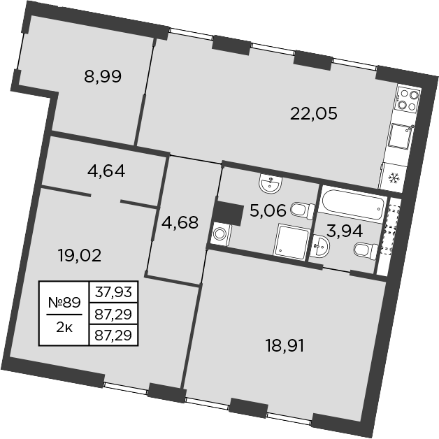 Планировка: 3Е-к.кв · 87,29 м²