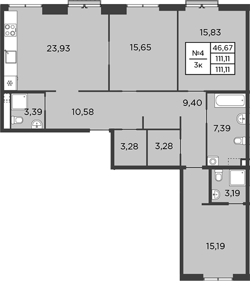 Планировка: 4Е-к.кв · 111,11 м²