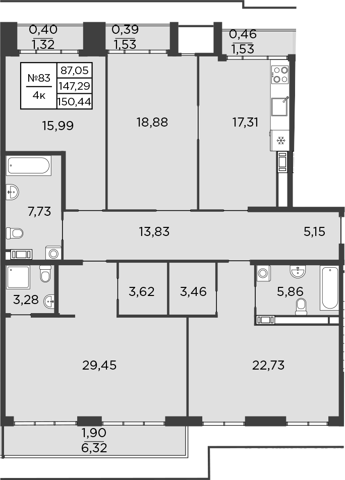 Планировка: 4+ комнаты · 150,44 м²