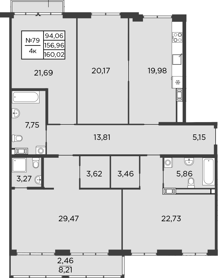 Планировка: 4+ комнаты · 158,8 м²