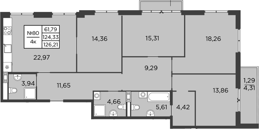 Планировка: 5Е-к.кв · 124 м²