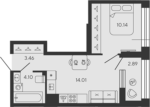 Планировка: 2Е-к.кв · 33,16 м²