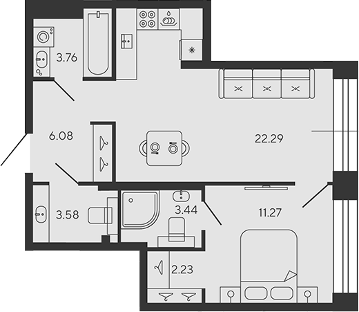 Планировка: 2Е-к.кв · 52,65 м²