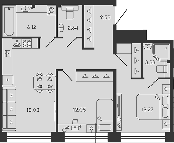 Планировка: 3Е-к.кв · 65,17 м²