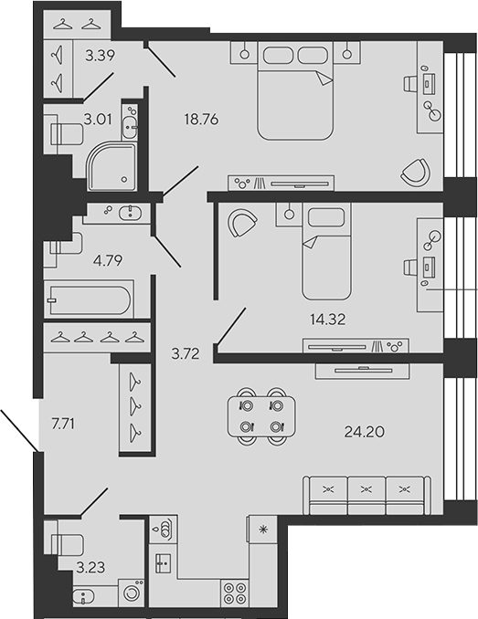 Планировка: 3Е-к.кв · 83,13 м²