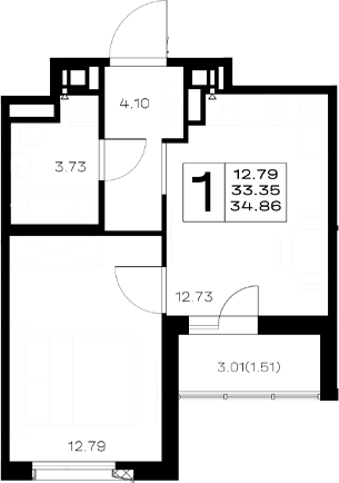 Планировка: 1 комната · 34,86 м²