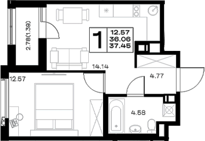 Планировка: 2Е-к.кв · 37,45 м²