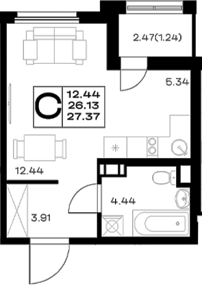 Планировка: Студия · 27,37 м²