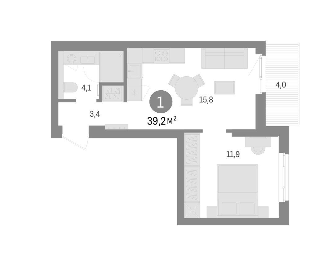 Планировка: 1 комната · 39,2 м²