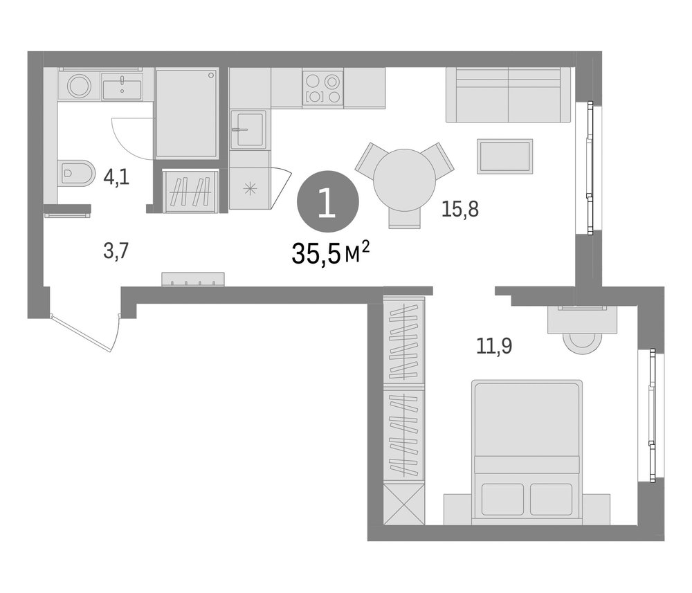 Планировка: 2Е-к.кв · 35,47 м²