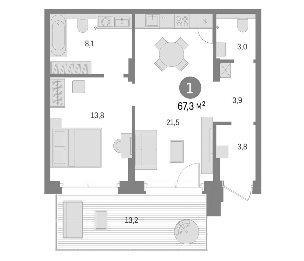 Планировка: 2Е-к.кв · 67,27 м²