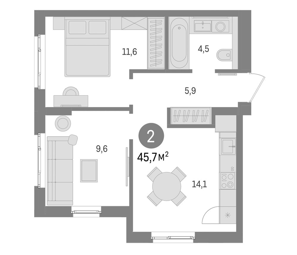 Планировка: 2 комнаты · 45,7 м²