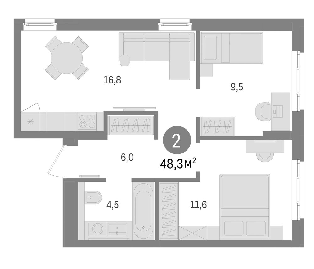 Планировка: 3Е-к.кв · 48,34 м²