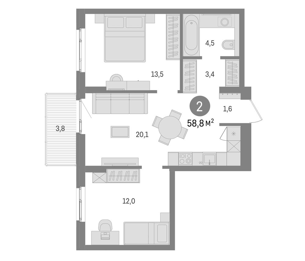 Планировка: 3Е-к.кв · 58,84 м²