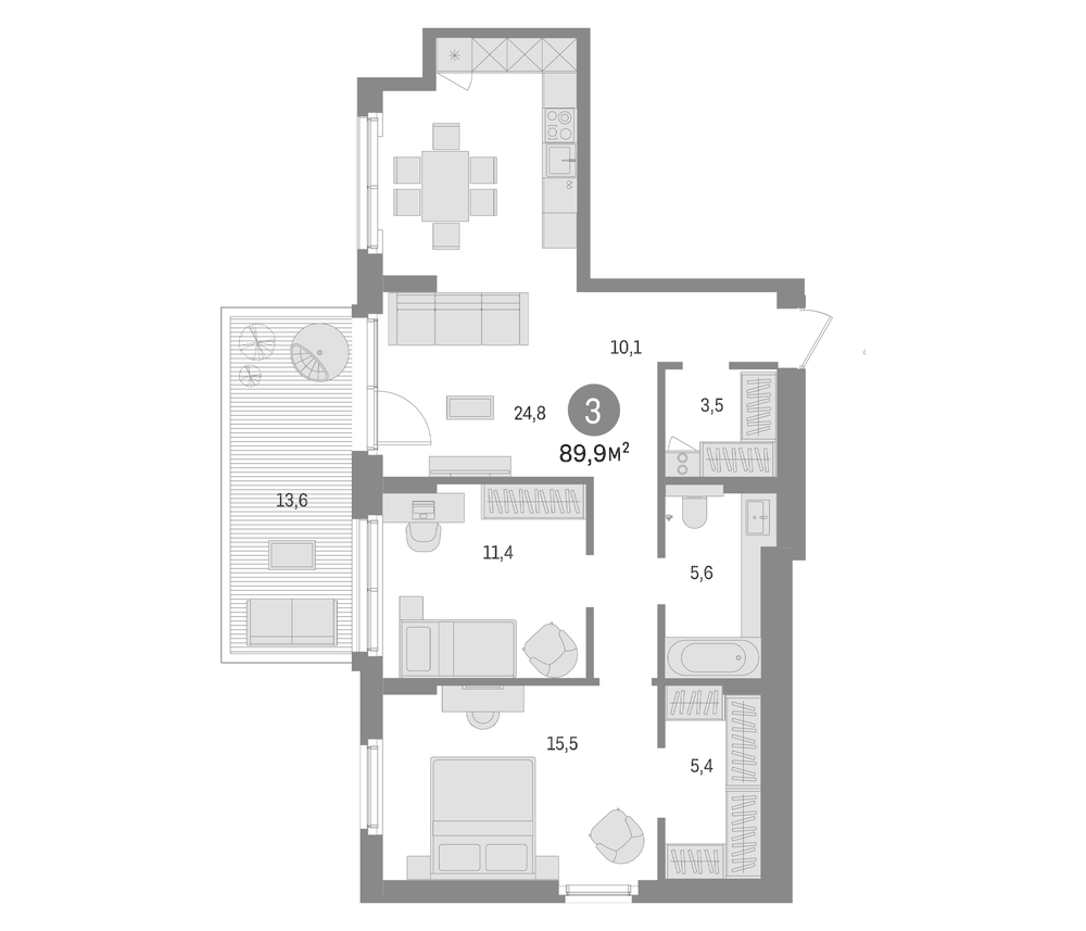 Планировка: 3Е-к.кв · 89,9 м²