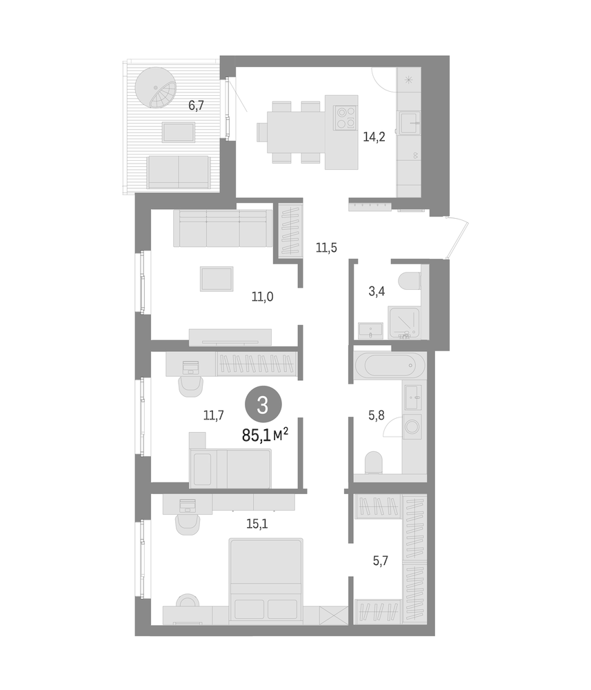 Планировка: 3 комнаты · 85,1 м²
