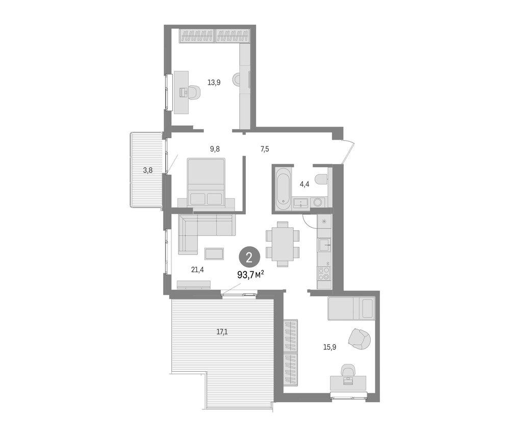 Планировка: 4Е-к.кв · 93,8 м²