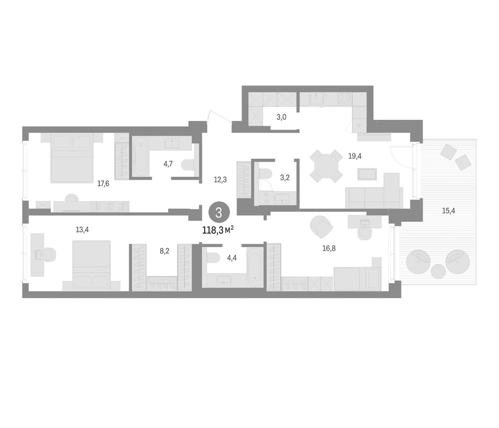 Планировка: 4Е-к.кв · 118,3 м²