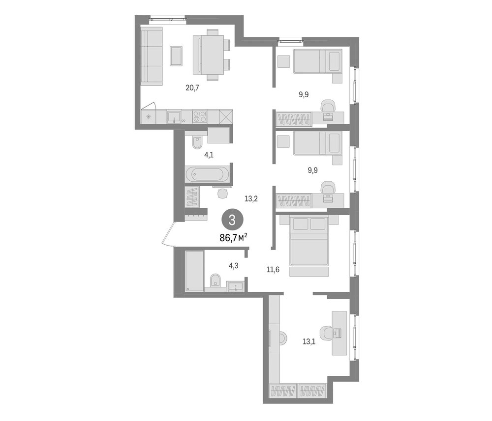 Планировка: 5Е-к.кв · 86,74 м²