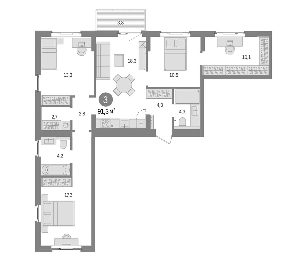 Планировка: 5Е-к.кв · 91,29 м²