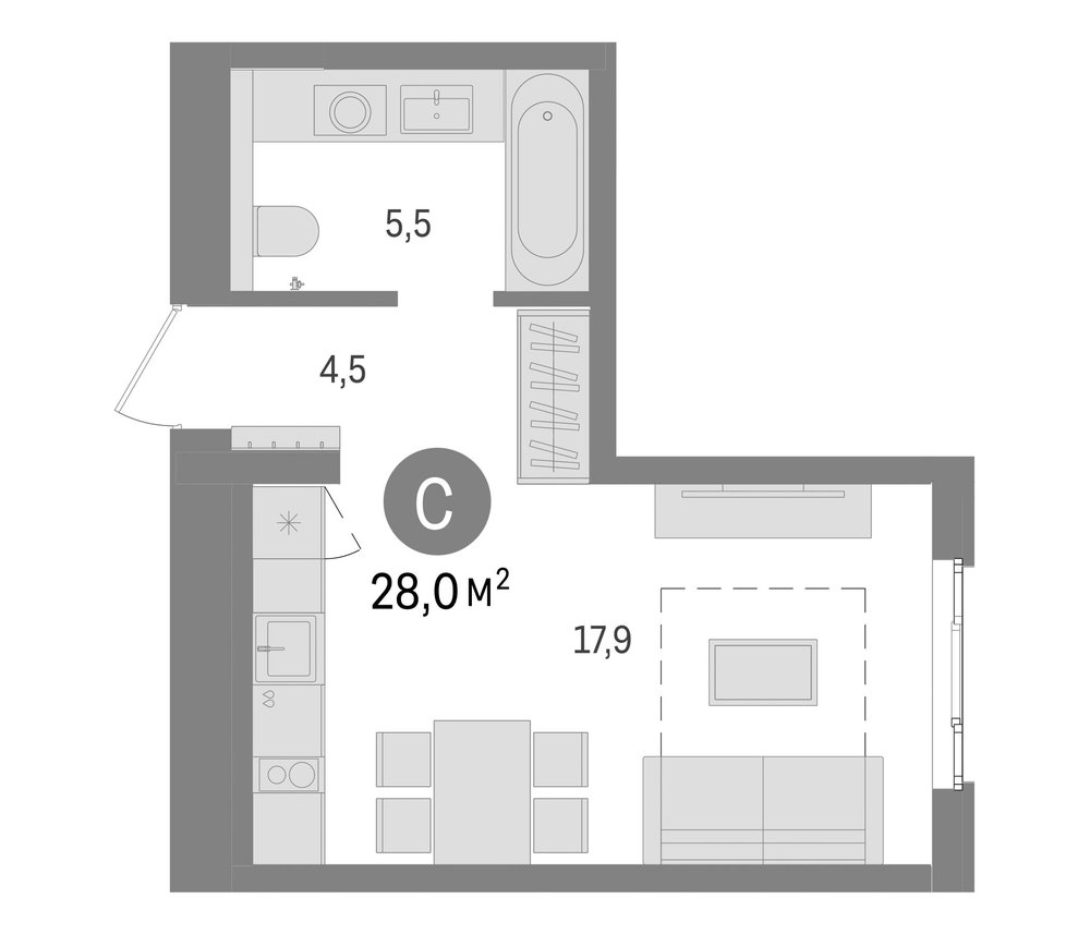 Планировка: Студия · 27,95 м²
