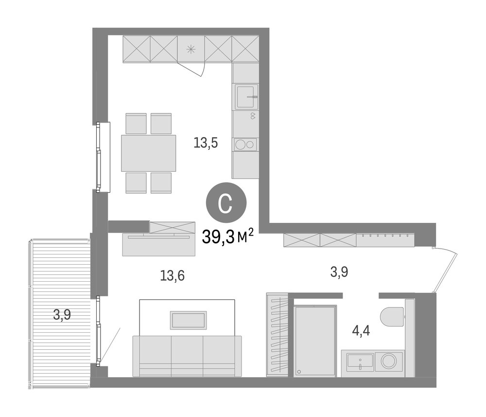 Планировка: Студия · 39,3 м²