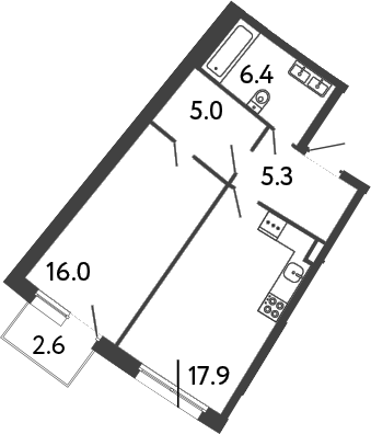 Планировка: 1 комната · 51,38 м²