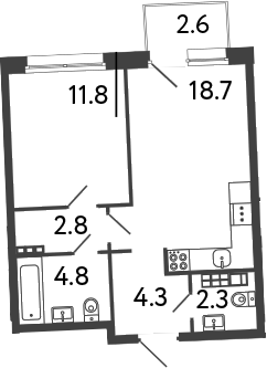 Планировка: 2Е-к.кв · 47,3 м²