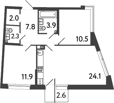Планировка: 3Е-к.кв · 63,28 м²